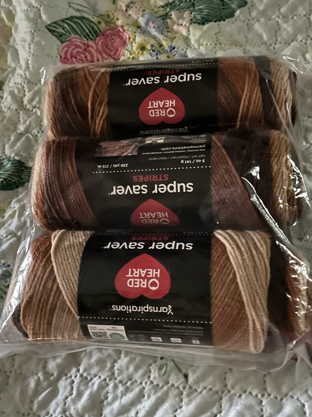 Red Heart Super Saver Stripes Yarn in Brown Multi - 3 Pack